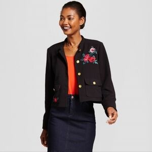 A New Day Black Floral Embroidered Military Style Blazer
